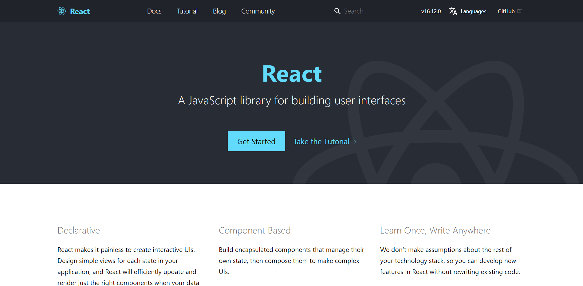 React landing page