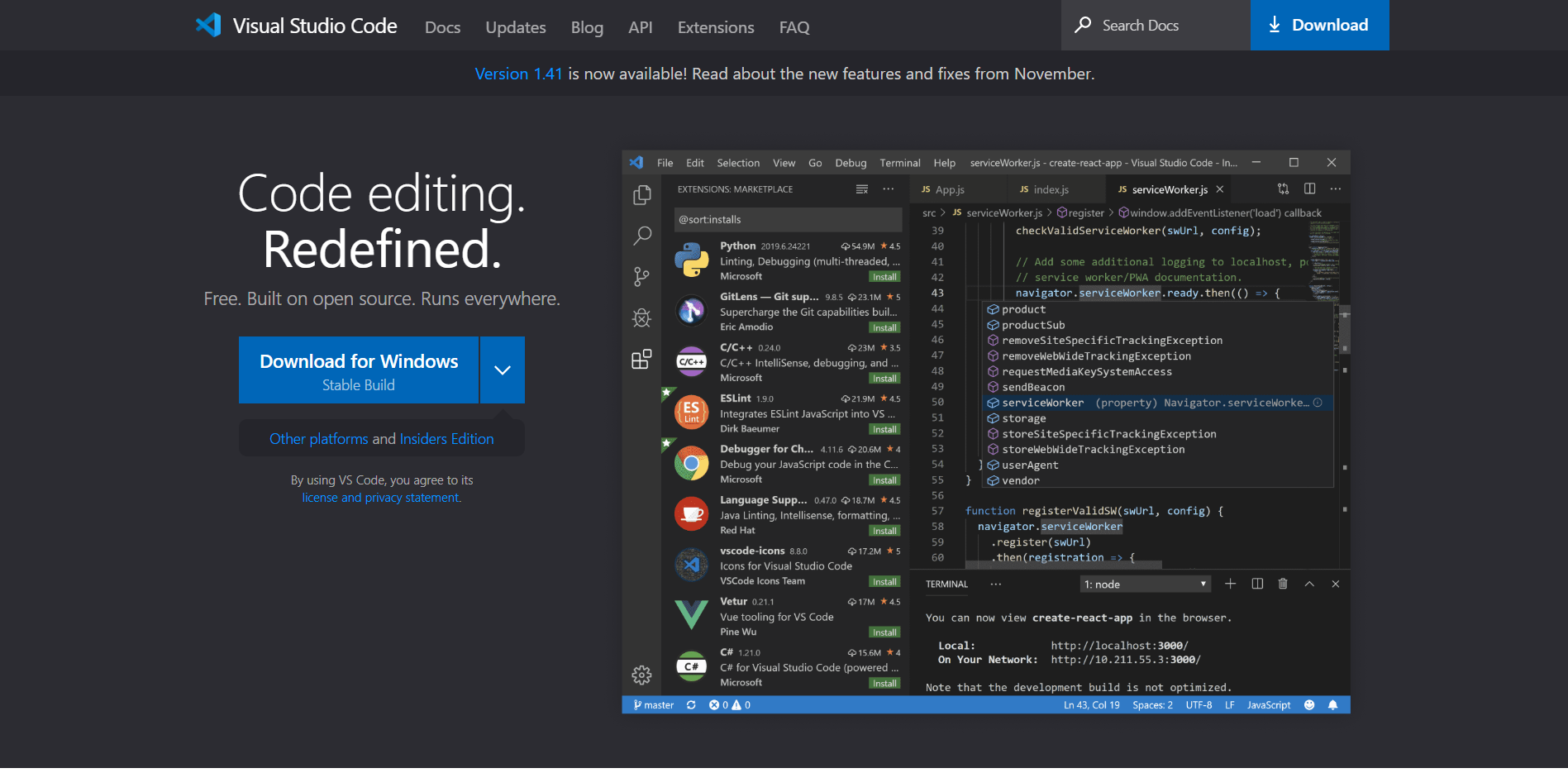VS Code landing page