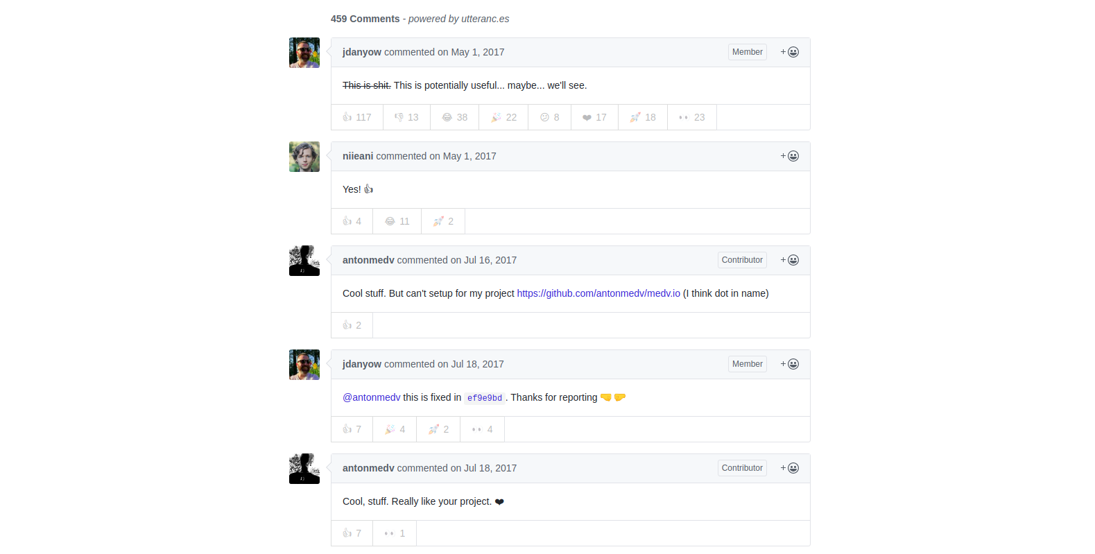 Utterances example comment section