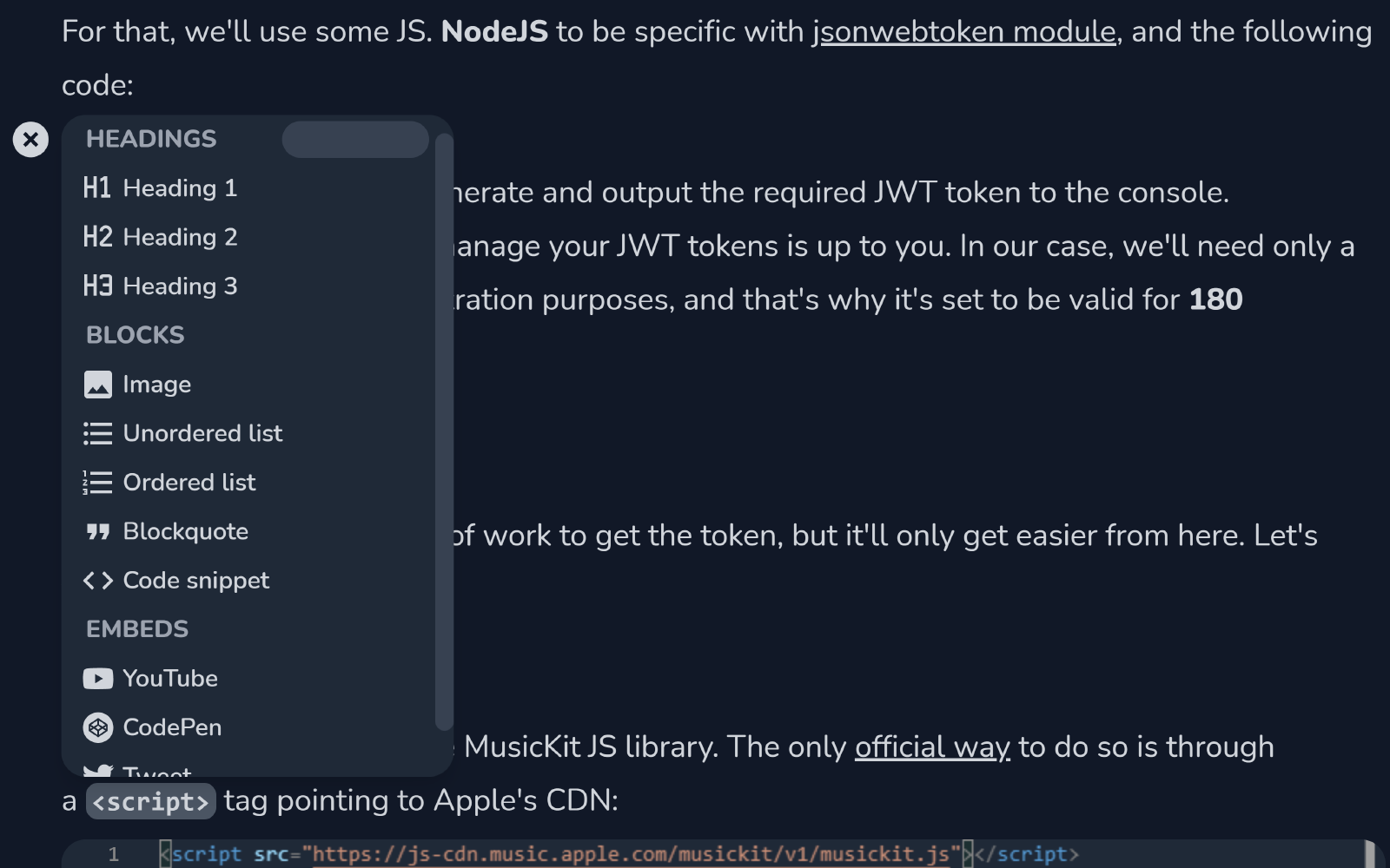 Block menu in dark mode